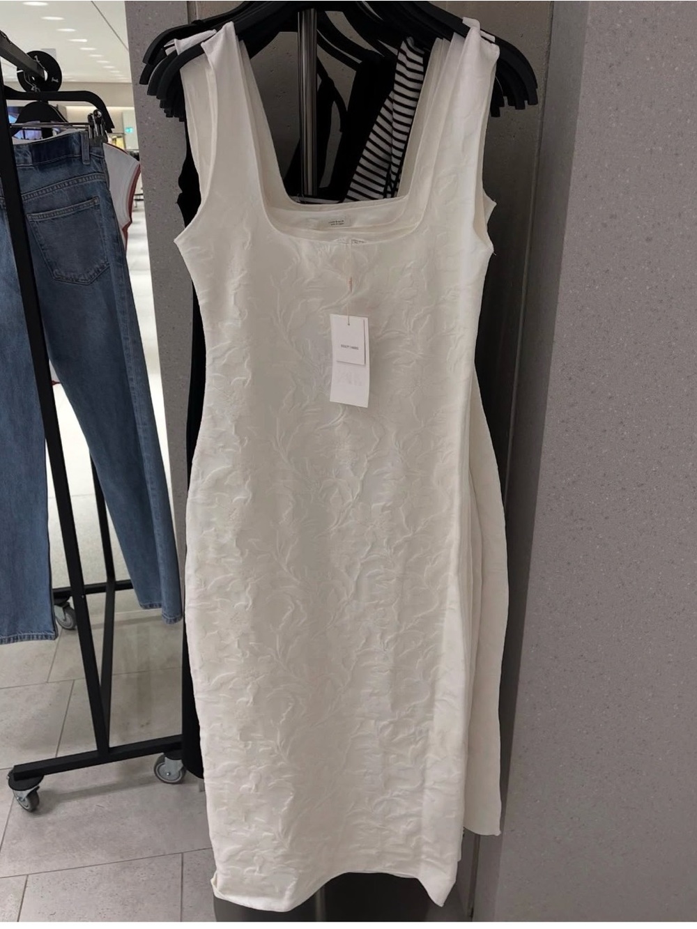 Zara White Embossed Square-Neck Midi Dress